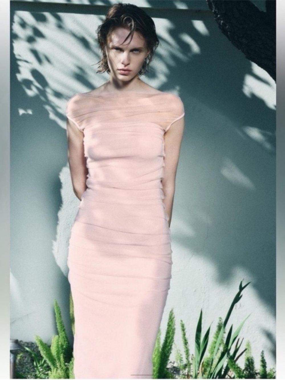 Zara Blush Pink Draped Mesh Maxi Dress Small NWT Cowl Neck - Picture 8 of 8